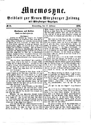Mnemosyne (Neue Würzburger Zeitung) Donnerstag 17. Februar 1876
