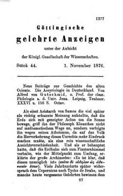 Göttingische gelehrte Anzeigen (Göttingische Zeitungen von gelehrten Sachen) Mittwoch 1. November 1876
