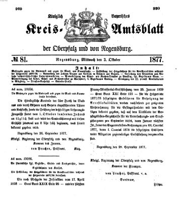 Königlich-bayerisches Kreis-Amtsblatt der Oberpfalz und von Regensburg (Königlich bayerisches Intelligenzblatt für die Oberpfalz und von Regensburg) Mittwoch 3. Oktober 1877