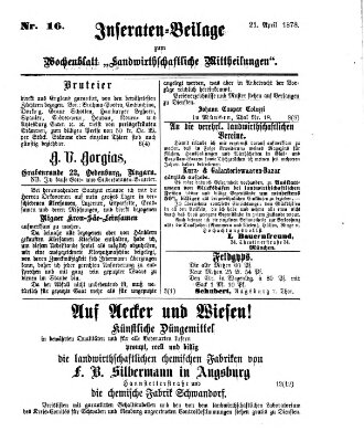 Landwirthschaftliche Mittheilungen Sonntag 21. April 1878
