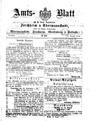 Amtsblatt für die Königlichen Bezirksämter Forchheim und Ebermannstadt sowie für die Königliche Stadt Forchheim Dienstag 20. August 1878