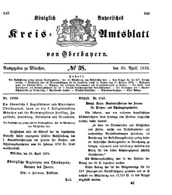 Königlich-bayerisches Kreis-Amtsblatt von Oberbayern (Münchner Intelligenzblatt) Dienstag 30. April 1878