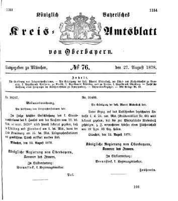 Königlich-bayerisches Kreis-Amtsblatt von Oberbayern (Münchner Intelligenzblatt) Dienstag 27. August 1878