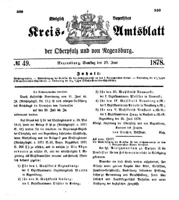 Königlich-bayerisches Kreis-Amtsblatt der Oberpfalz und von Regensburg (Königlich bayerisches Intelligenzblatt für die Oberpfalz und von Regensburg) Samstag 29. Juni 1878
