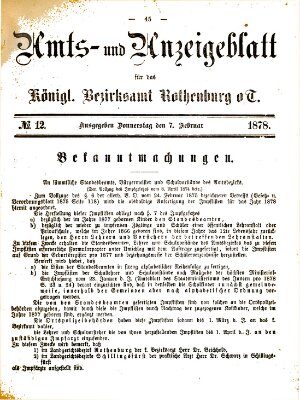 Amts- und Anzeigenblatt für das Königliche Bezirksamt Rothenburg o.T. (Amts- und Anzeigenblatt für die Stadt und das Königl. Bezirksamt Rothenburg) Donnerstag 7. Februar 1878