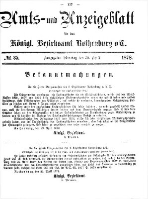Amts- und Anzeigenblatt für das Königliche Bezirksamt Rothenburg o.T. (Amts- und Anzeigenblatt für die Stadt und das Königl. Bezirksamt Rothenburg) Dienstag 30. April 1878