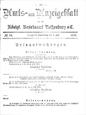 Amts- und Anzeigenblatt für das Königliche Bezirksamt Rothenburg o.T. (Amts- und Anzeigenblatt für die Stadt und das Königl. Bezirksamt Rothenburg) Donnerstag 4. Juli 1878