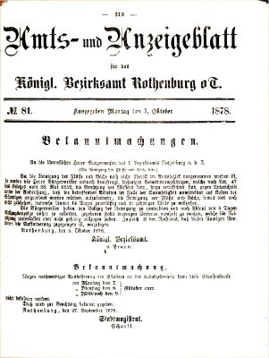 Amts- und Anzeigenblatt für das Königliche Bezirksamt Rothenburg o.T. (Amts- und Anzeigenblatt für die Stadt und das Königl. Bezirksamt Rothenburg) Montag 7. Oktober 1878