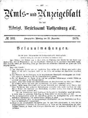 Amts- und Anzeigenblatt für das Königliche Bezirksamt Rothenburg o.T. (Amts- und Anzeigenblatt für die Stadt und das Königl. Bezirksamt Rothenburg) Montag 23. Dezember 1878