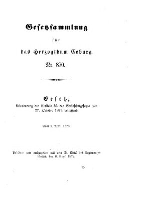 Gesetz-Sammlung für das Herzogtum Coburg (Coburger Regierungs-Blatt) Samstag 6. April 1878