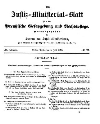 Justiz-Ministerialblatt für die preußische Gesetzgebung und Rechtspflege Freitag 5. Juli 1878