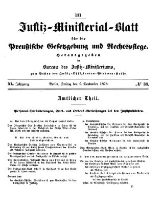 Justiz-Ministerialblatt für die preußische Gesetzgebung und Rechtspflege Freitag 6. September 1878