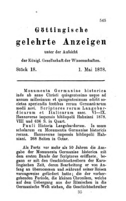 Göttingische gelehrte Anzeigen (Göttingische Zeitungen von gelehrten Sachen) Mittwoch 1. Mai 1878