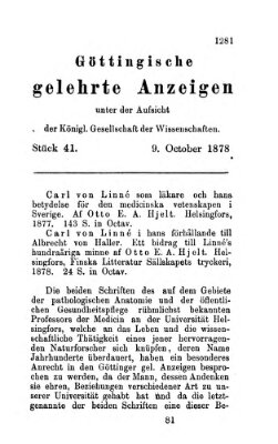 Göttingische gelehrte Anzeigen (Göttingische Zeitungen von gelehrten Sachen) Mittwoch 9. Oktober 1878