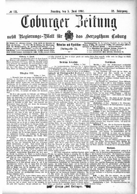 Coburger Zeitung Sonntag 5. Juni 1892