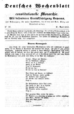 Deutsches Wochenblatt für constitutionelle Monarchie Sonntag 27. April 1851