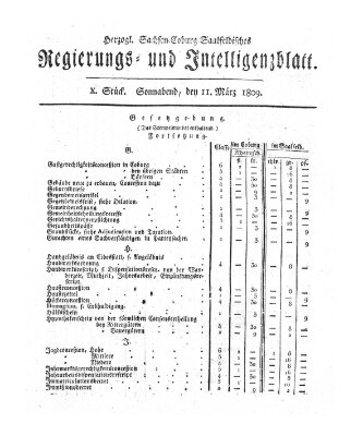 Herzogl.-Sachsen-Coburg-Saalfeldisches Regierungs- und Intelligenzblatt (Coburger Regierungs-Blatt) Samstag 11. März 1809