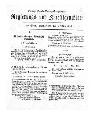 Herzogl.-Sachsen-Coburg-Saalfeldisches Regierungs- und Intelligenzblatt (Coburger Regierungs-Blatt) Samstag 9. März 1816