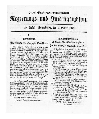 Herzogl.-Sachsen-Coburg-Saalfeldisches Regierungs- und Intelligenzblatt (Coburger Regierungs-Blatt) Samstag 4. Oktober 1817