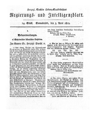 Herzogl.-Sachsen-Coburg-Saalfeldisches Regierungs- und Intelligenzblatt (Coburger Regierungs-Blatt) Samstag 3. April 1819