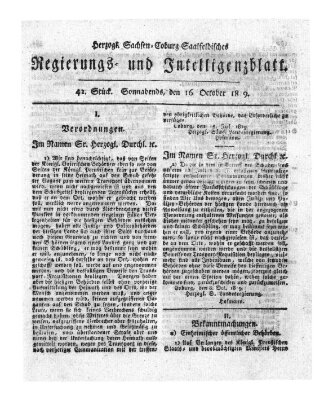 Herzogl.-Sachsen-Coburg-Saalfeldisches Regierungs- und Intelligenzblatt (Coburger Regierungs-Blatt) Samstag 16. Oktober 1819
