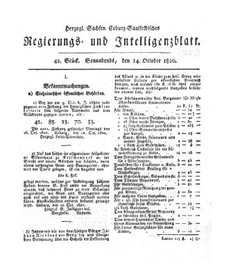Herzogl.-Sachsen-Coburg-Saalfeldisches Regierungs- und Intelligenzblatt (Coburger Regierungs-Blatt) Samstag 14. Oktober 1820