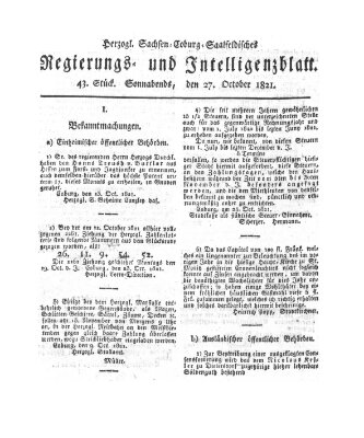 Herzogl.-Sachsen-Coburg-Saalfeldisches Regierungs- und Intelligenzblatt (Coburger Regierungs-Blatt) Samstag 27. Oktober 1821