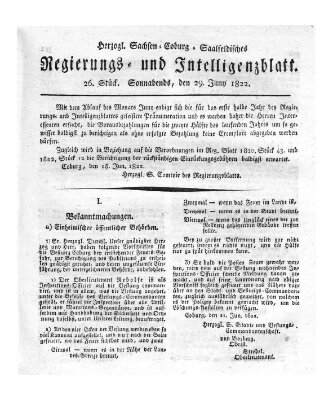 Herzogl.-Sachsen-Coburg-Saalfeldisches Regierungs- und Intelligenzblatt (Coburger Regierungs-Blatt) Samstag 29. Juni 1822