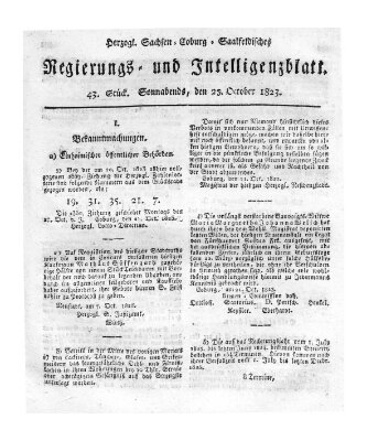 Herzogl.-Sachsen-Coburg-Saalfeldisches Regierungs- und Intelligenzblatt (Coburger Regierungs-Blatt) Samstag 25. Oktober 1823