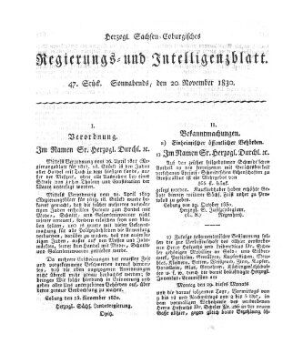 Herzogl.-Sachsen-Coburgisches Regierungs- und Intelligenzblatt (Coburger Regierungs-Blatt) Samstag 20. November 1830