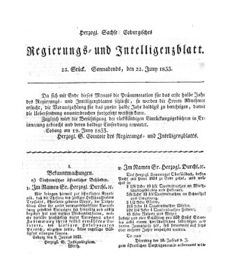 Herzogl.-Sachsen-Coburgisches Regierungs- und Intelligenzblatt (Coburger Regierungs-Blatt) Samstag 22. Juni 1833