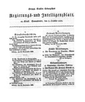 Herzogl.-Sachsen-Coburgisches Regierungs- und Intelligenzblatt (Coburger Regierungs-Blatt) Samstag 3. Oktober 1835