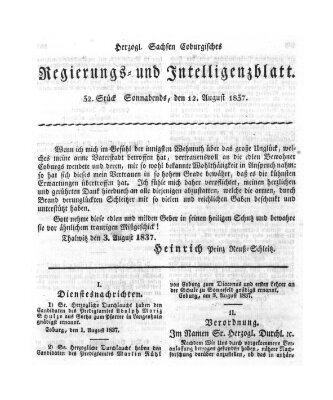 Herzogl.-Sachsen-Coburgisches Regierungs- und Intelligenzblatt (Coburger Regierungs-Blatt) Samstag 12. August 1837