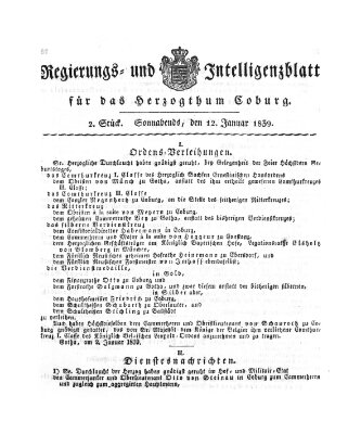 Regierungs- und Intelligenzblatt für das Herzogtum Coburg (Coburger Regierungs-Blatt) Samstag 12. Januar 1839