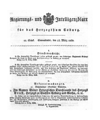 Regierungs- und Intelligenzblatt für das Herzogtum Coburg (Coburger Regierungs-Blatt) Samstag 23. März 1839