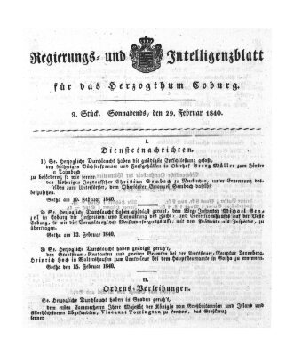 Regierungs- und Intelligenzblatt für das Herzogtum Coburg (Coburger Regierungs-Blatt) Samstag 29. Februar 1840