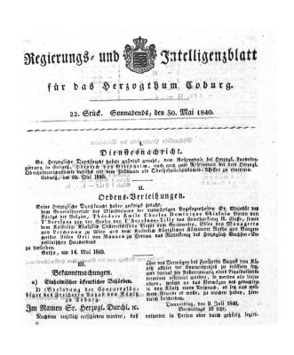 Regierungs- und Intelligenzblatt für das Herzogtum Coburg (Coburger Regierungs-Blatt) Samstag 30. Mai 1840