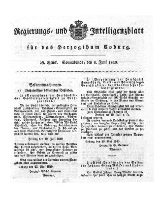 Regierungs- und Intelligenzblatt für das Herzogtum Coburg (Coburger Regierungs-Blatt) Samstag 6. Juni 1840