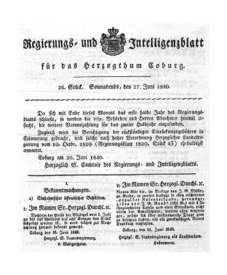 Regierungs- und Intelligenzblatt für das Herzogtum Coburg (Coburger Regierungs-Blatt) Samstag 27. Juni 1840