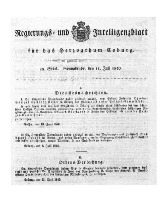 Regierungs- und Intelligenzblatt für das Herzogtum Coburg (Coburger Regierungs-Blatt) Samstag 11. Juli 1840