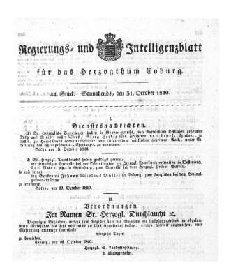 Regierungs- und Intelligenzblatt für das Herzogtum Coburg (Coburger Regierungs-Blatt) Samstag 31. Oktober 1840