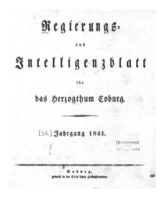 Regierungs- und Intelligenzblatt für das Herzogtum Coburg (Coburger Regierungs-Blatt) Samstag 2. Januar 1841