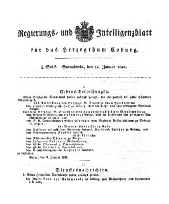 Regierungs- und Intelligenzblatt für das Herzogtum Coburg (Coburger Regierungs-Blatt) Samstag 16. Januar 1841