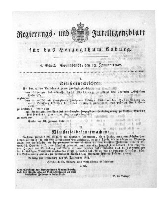 Regierungs- und Intelligenzblatt für das Herzogtum Coburg (Coburger Regierungs-Blatt) Samstag 22. Januar 1842