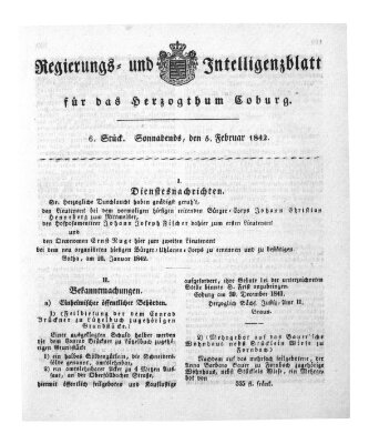 Regierungs- und Intelligenzblatt für das Herzogtum Coburg (Coburger Regierungs-Blatt) Samstag 5. Februar 1842