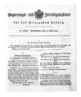 Regierungs- und Intelligenzblatt für das Herzogtum Coburg (Coburger Regierungs-Blatt) Samstag 14. Mai 1842