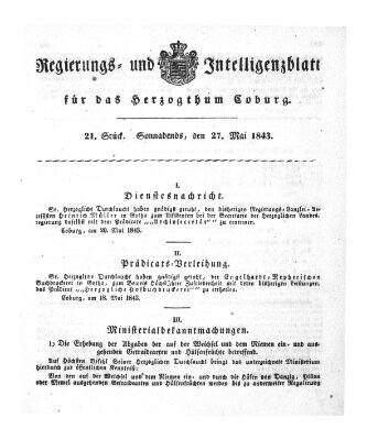 Regierungs- und Intelligenzblatt für das Herzogtum Coburg (Coburger Regierungs-Blatt) Samstag 27. Mai 1843
