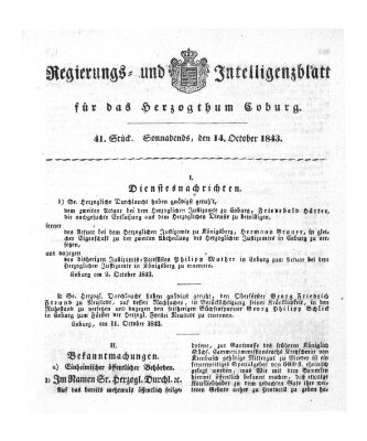 Regierungs- und Intelligenzblatt für das Herzogtum Coburg (Coburger Regierungs-Blatt) Samstag 14. Oktober 1843