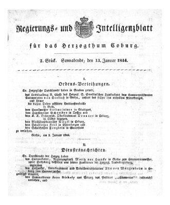 Regierungs- und Intelligenzblatt für das Herzogtum Coburg (Coburger Regierungs-Blatt) Samstag 13. Januar 1844
