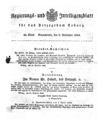Regierungs- und Intelligenzblatt für das Herzogtum Coburg (Coburger Regierungs-Blatt) Samstag 9. November 1844